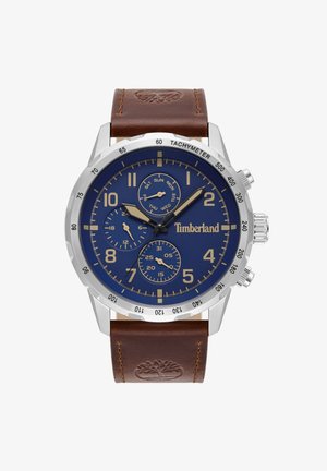 Timberland-Uhr mit blauem Zifferblatt, silbernem Edelstahlgehäuse und braunem Lederarmband. Verfügt über Chronographen-Subziffernblätter und einen Tachymeter.