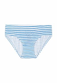 Pruhované bikiny spodok v bielej a modrej farbe. Obsahuje elastický pás a mäkký bavlnený materiál. Klasický strih s bočným zakrytím.