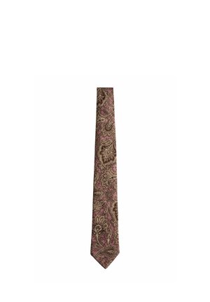 Brown and pink paisley patterned necktie with intricate floral and swirl designs on a light background.