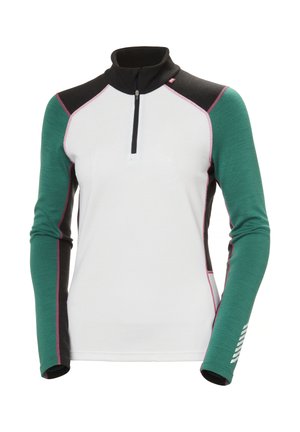 Langärmliges Sportoberteil mit Reißverschluss am Hals, weißem Körper, grünen Ärmeln und schwarzen Schultern, akzentuiert mit rosa Nähten und einem Logo.