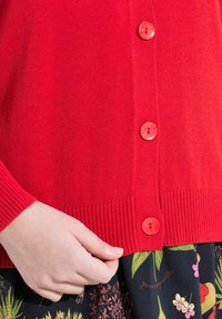 Röd stickad cardigan med ribbad nederkant, med klara plastknappar längst fram. Bakgrunden innehåller blommönstrad tyg.