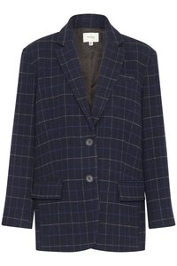 Námořnický kostkovaný blazer vyrobený z texturované tkaniny. Obsahuje klopu s rýhou, dva knoflíky, dvě přední kapsy a náprsní kapsu.