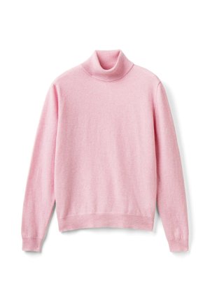 Soft pink long-sleeve turtleneck sweater with ribbed cuffs, collar, and hem on a white background.