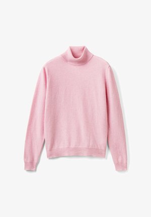 Maglione a maniche lunghe rosa chiaro con collo alto, dotato di polsini, collo e orlo a coste, su uno sfondo bianco.