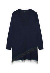 Maglione blu navy con scollo a V, maniche lunghe e dettagli a frangia diagonale lungo l'orlo. Tessuto morbido e vestibilità comoda.