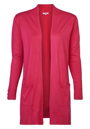 Roze gebreide cardigan met lange mouwen, open voorkant, twee voorzakken en geribbelde manchetten, met een gladde textuur en een egale kleur.