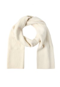 Șal de culoare crem, fabricat dintr-un material moale, având o textură ribbed și un design în buclă cu detalii subtile de cusătură.