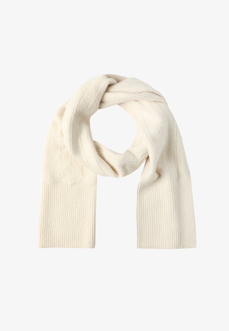 Șal de culoare crem, fabricat dintr-un material moale, având o textură ribbed și un design în buclă cu detalii subtile de cusătură.