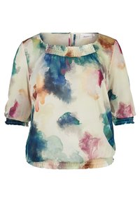Blouse imprimée floral en tissu léger. Présente une coupe décontractée, un col élastiqué et des poignets froncés avec des accents à volants en bleu et vert.