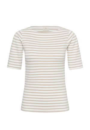 Chemise à manches courtes à rayures horizontales blanches et beiges, avec un col rond et une étiquette de marque sur le col.