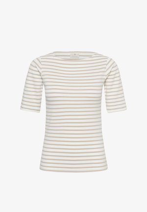 Chemise à manches courtes à rayures horizontales blanches et beiges, avec un col rond et une étiquette de marque sur le col.