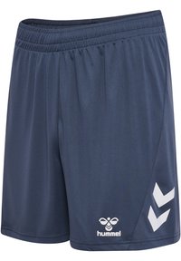 Blauwe sportshorts gemaakt van lichtgewicht materiaal, met een elastische tailleband, zijzakken en witte logo- en chevronaccenten.