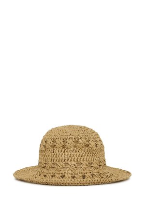 Cappello di paglia intrecciato a tesa larga con motivo intrecciato di colore beige naturale, mostrato su sfondo bianco.