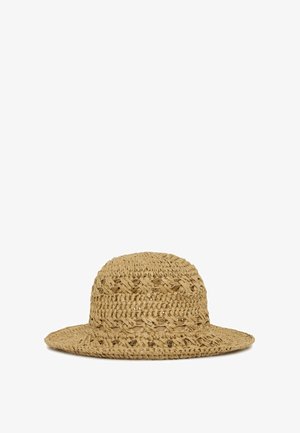 Cappello di paglia intrecciato a tesa larga con motivo intrecciato di colore beige naturale, mostrato su sfondo bianco.