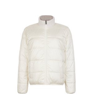 Veste matelassée blanche avec fermeture éclair devant et col montant en tricot côtelé. Manches longues et ourlet à la hauteur des hanches.