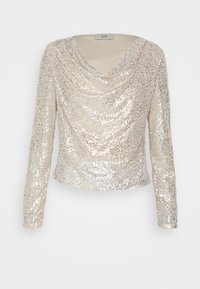 Béžový dlouhý rukáv top se třpytivými flitry a volným výstřihem typu cowl, s přiléhavým střihem, který má hladkou texturu a jiskřivý vzhled.