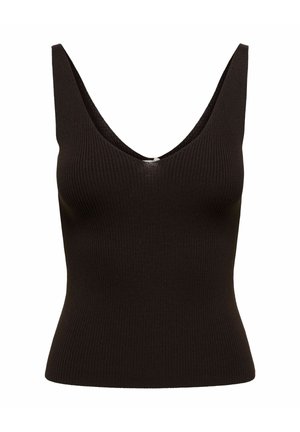 Zwarte, geribbelde tanktop met een diepe V-hals en brede banden. Aansluitende silhouet met een gladde textuur en zonder extra versieringen.