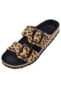 Sandalo con stampa leopardata, con due fibbie nere regolabili, una soletta in similpelle scamosciata nera imbottita e una base in sughero marrone texturizzato.