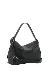 Borsa a spalla in pelle nera con design curvato, texture liscia, cuciture rinforzate e dettagli in metallo dorato.