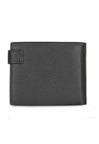 Cartera de cuero negra con un acabado texturizado, forma rectangular compacta y cierre a presión en el lateral para un almacenamiento seguro.