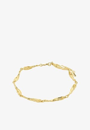 Zlatý náramok s článkami so zvlneným, textúrovaným dizajnom a hladkými, lesklými akcentmi, ako aj bezpečným uzáverom. Obsahuje reťaz s nastaviteľnou dĺžkou.