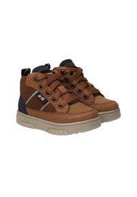 Bruine synthetische leren mid-top sneakers met donkerblauwe accenten, ronde neus, zes veters en een gestructureerde rubberen zool.
