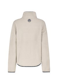 Beiger Fleece-Pullover mit hohem Kragen und einem runden Logo auf der Rückseite. Verfügt über eine strukturierte, weiche Oberfläche und kontrastierende genähte Kanten.