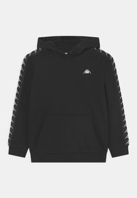 Felpa nera con cappuccio e tasca frontale, con dettagli laterali a fantasia e un piccolo logo sul petto. Realizzata in un materiale morbido.