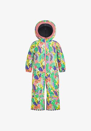 Chubasquero colorido todo en uno con capucha, patrón vibrante de temática jungle con hojas y animales, fabricado con material impermeable.