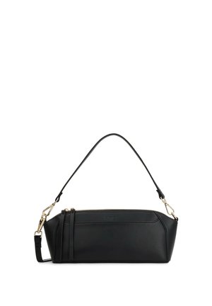 Sac à main rectangulaire en cuir noir avec une fermeture éclair sur le dessus, deux curseurs et une bandoulière amovible avec des ferrures dorées.