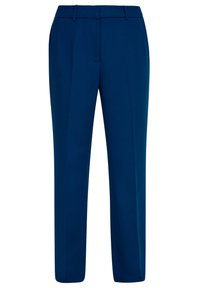 Pantalon bleu marine en tissu lisse, avec une coupe droite, des passants de ceinture et des poches latérales pour un look soigné.