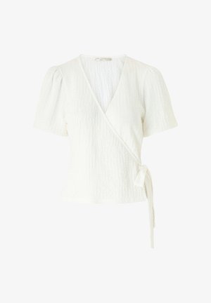 Witte textuurvolle wikkelblouse met korte pofmouwen en zijstriksluiting, met een V-hals en aansluitende taille.