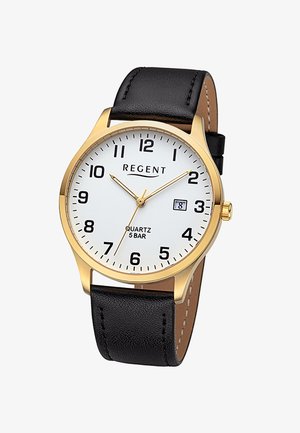 Montre-bracelet classique avec boîtier en or, cadran blanc, chiffres arabes noirs, guichet de date à 3 heures et bracelet en cuir noir.