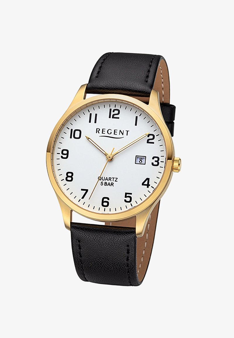 Montre-bracelet classique avec boîtier en or, cadran blanc, chiffres arabes noirs, guichet de date à 3 heures et bracelet en cuir noir.