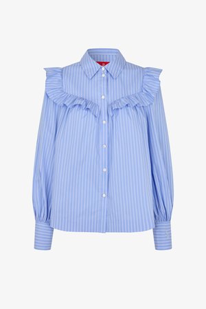 Heleroheline pika varrukaga pluus valgete vertikaalsete triipudega, volangidega ülakohal, esikäistega ja laiade mansettidega.