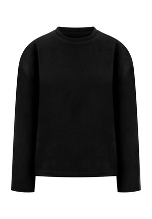 Czarna bluza z długim rękawem i okrągłym dekoltem, o luźnym kroju, z ściągaczami na mankietach i kołnierzu, na białym tle.