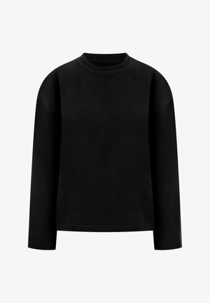 Czarna bluza z długim rękawem i okrągłym dekoltem, o luźnym kroju, z ściągaczami na mankietach i kołnierzu, na białym tle.