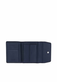 Navy leather wallet with multiple card slots, a center compartment, and snap closure. Smooth texture and minimal branding details.