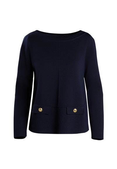 Navy blue sweater with long sleeves, round neckline, two front pockets, and gold button accents. Textured knit fabric.