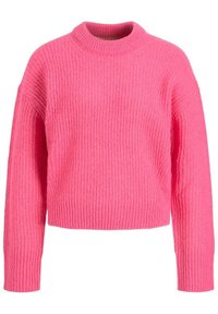 Maglione rosa a maglia con una texture a costine, colletto girocollo alto e maniche lunghe. L'orlo accorciato conferisce una silhouette moderna.