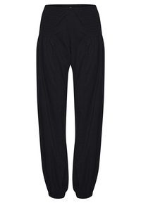 Pantalon noir avec taille smockée, coupe décontractée et poignets fuselés, fabriqué en tissu léger avec des coutures visibles minimales.