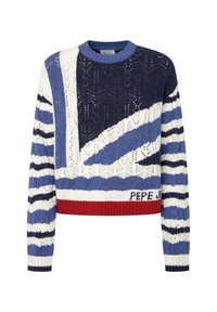 Pull en tricot avec un design multicolore comprenant des rayures bleues, blanches et marines, des motifs complexes et un ourlet rouge. Nom de la marque affiché en bas.