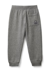 Szare dresowe spodnie dresowe z elastycznym paskiem i mankietami, posiadające tylnią kieszeń z ciemnym logo po prawej stronie.