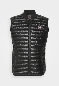 Svart pufferväst med quiltat mönster, framdragkedja och ribbad krage. Har en liten rund logotyp på vänster bröstområde.