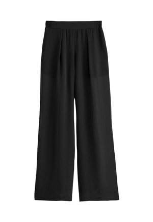 Black wide-leg pants made of lightweight fabric, featuring a smocked waistband and pleated detailing at the front. Flat hem finish.