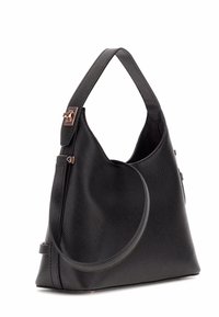 Borsa a tracolla nera con finitura testurizzata, dotata di manico curvo, dettagli metallici e forma strutturata. Ideale per l'uso quotidiano.