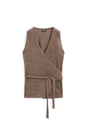 Bruine wikkeltop van een textuur gebreid materiaal, met een diepe V-hals en een stoffen riem die om de taille is geknoopt.