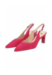 Décolletées in suede rosa con punta appuntita e tacco a blocco di altezza media. Presentano un design con ritagli e una cinghia alla caviglia regolabile.