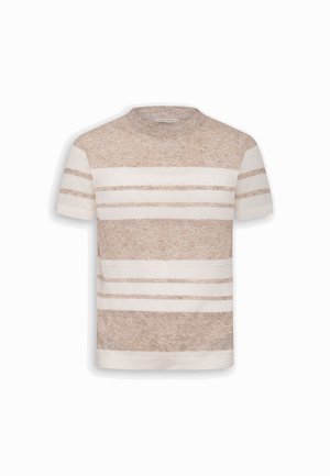 Maglia a maniche corte a righe beige e bianche, in maglia, con scollo rotondo e motivo orizzontale su corpo e maniche.