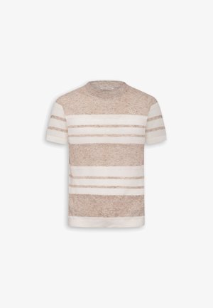 Lyhythihainen beige-valkoraidallinen neulepaita, jossa pyöreä pääntie ja vaakasuora kuviointi vartalossa ja hihoissa.